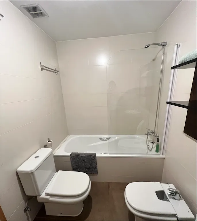 Bathroom with bathtub and shower, toilet and bidet, towel on bathtub edge and wall-mounted shelves