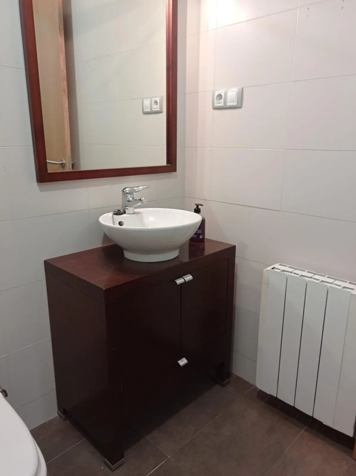 Bathroom with a round white vessel sink on a dark wooden vanity, wall mirror above, and a vertical radiator to the right.